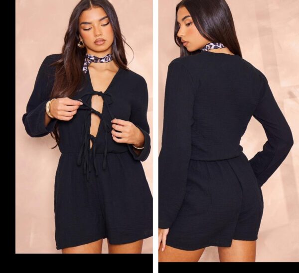 Plt tie front textured playsuit in black 10