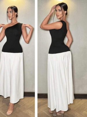 Shein one shoulder black/white contrast dress 12-14