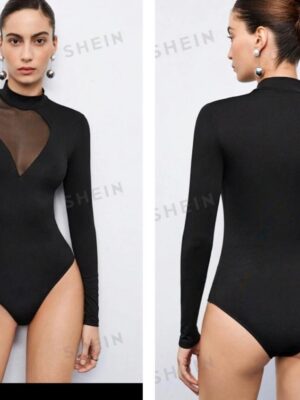 Shein solid  bodysuit insert mesh long sleeve top in black 12/14