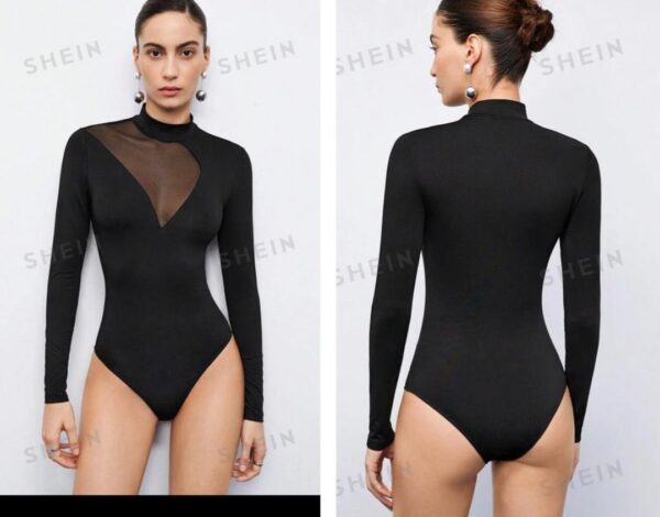 Shein solid  bodysuit insert mesh long sleeve top in black 12/14