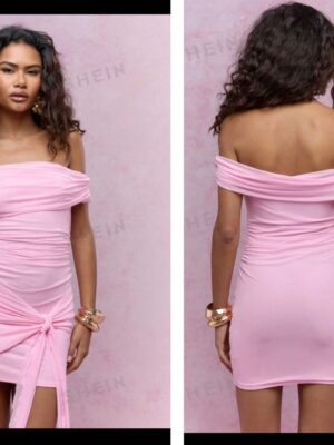 Missguided off shoulder light pink tie waist knot detail dress 12/14