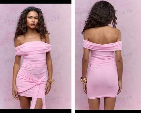 Missguided off shoulder light pink tie waist knot detail dress 12/14