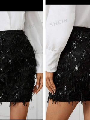 Shein sequin fringe beaded skirt in black 16