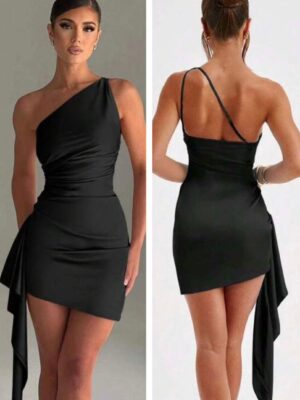 Shein one shoulder dress side drape dress in silky black 12/14
