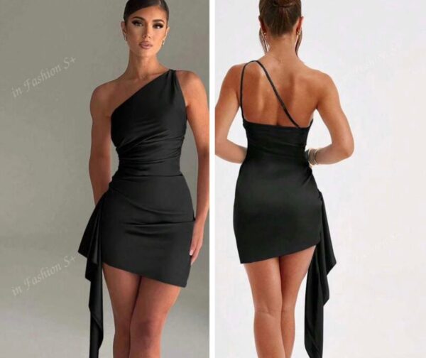 Shein one shoulder dress side drape dress in silky black 12/14