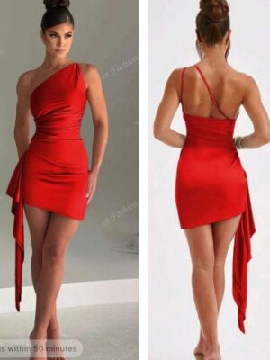 Shein one shoulder dress side drape dress in silky red  10