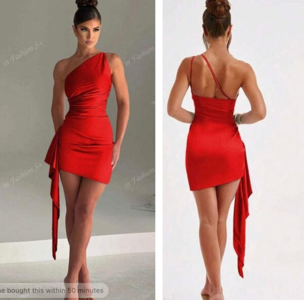 Shein one shoulder dress side drape dress in silky red  10