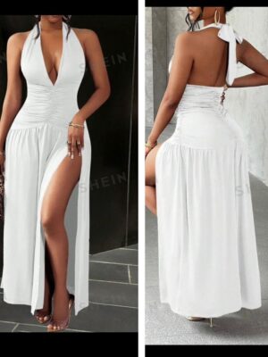 Shein  deep halter backless ruched slit dress in white 12/14