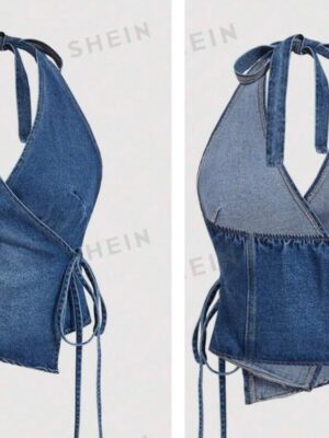 Shein  wrap halter denim backless top in blue 12/14