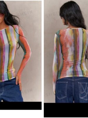 Missguided  long sleeve mesh colorful top in multi color 12/14
