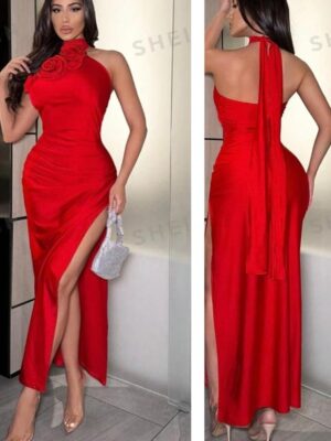 Shein halter elegant floral high slit dress in red 12/14