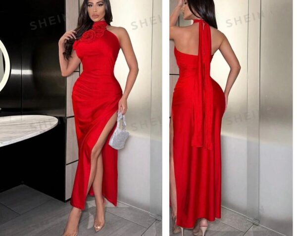 Shein halter elegant floral high slit dress in red 12/14