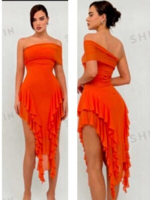 Shein assymetric off shoulder one sided dress with dropping ruffles in orange 12/14