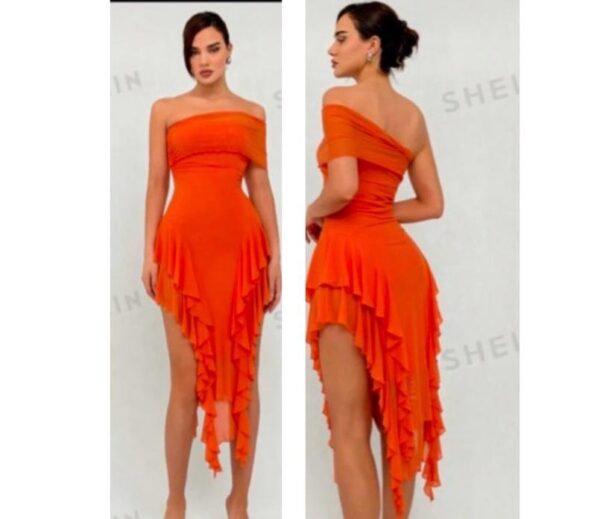 Shein assymetric off shoulder one sided dress with dropping ruffles in orange 12/14