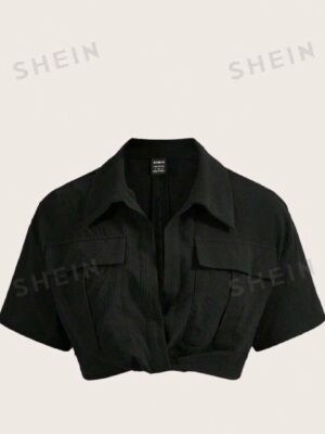SHEIN double pocket crop shirt top in black 12/14