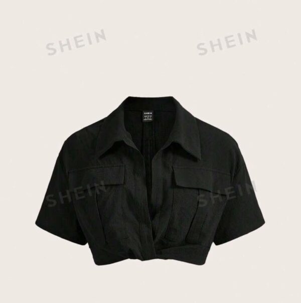 SHEIN double pocket crop shirt top in black 12/14