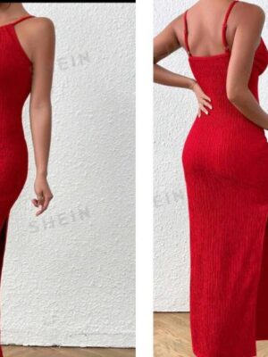 Shein solid cami halter red pleated dress with side slit 12/14