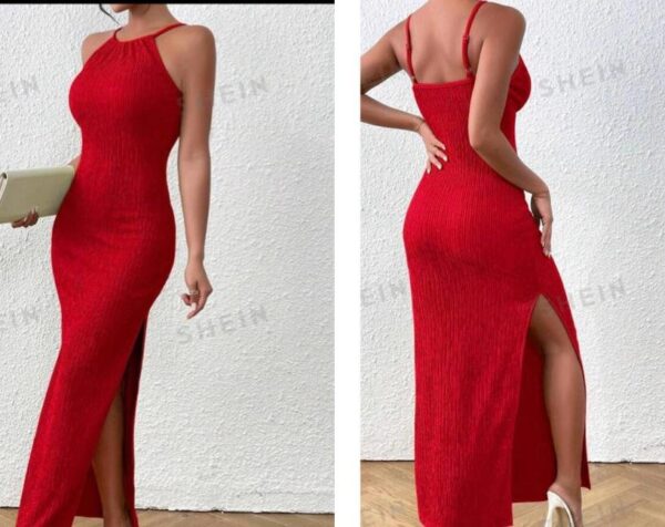 Shein solid cami halter red pleated dress with side slit 12/14