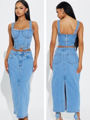 Fashionnova devine washed denim skirt set L