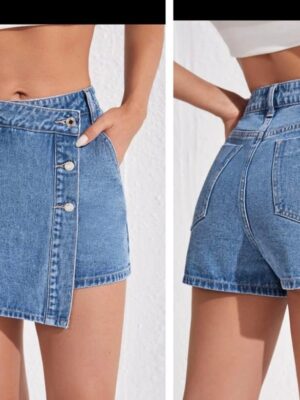 Shein high waist denim light wash skort /skirt with button