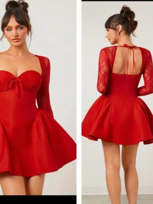 Shein lacey sleeve ball party girlie dress in red 12-14