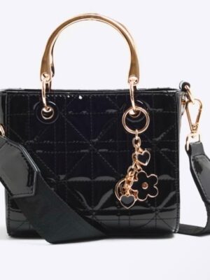 Riverisland black patent quilted charm top handle bag