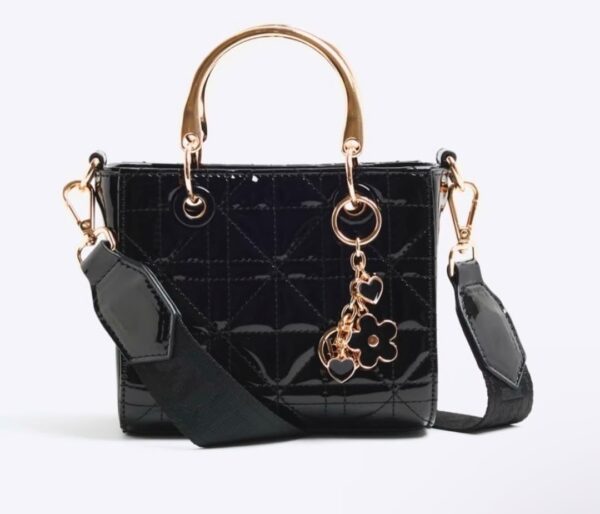 Riverisland black patent quilted charm top handle bag