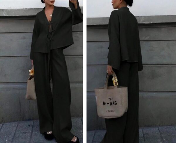 Shein casual  linen two piece tie front pant set in black 16