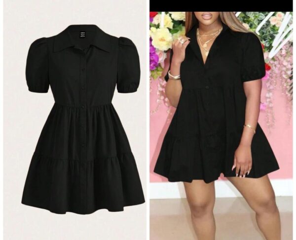 Shein v neck collar  ruffle shift puff sleeve  hem shirt dress in black 16