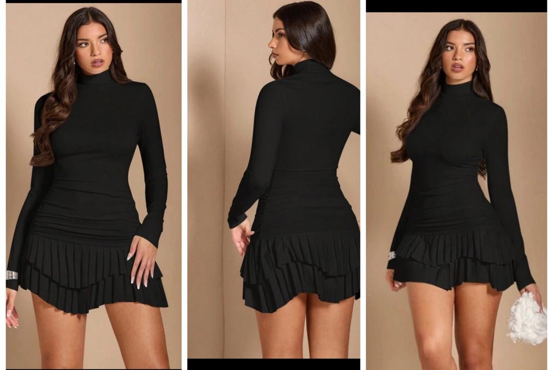 Shein Mock Long Sleeve Mini Layer Pleated Dress In Black 12/14 | BarbzAndCo