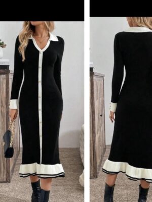 Shein long sleeve collar front button black/white dress 12/14