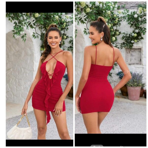 Shein halter criss cross ruffle sexy mini dress in red 16