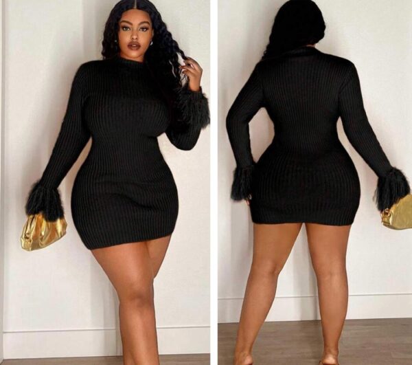 Shein plus solid mock long sleeve sweater dress in black with fringe hands 16