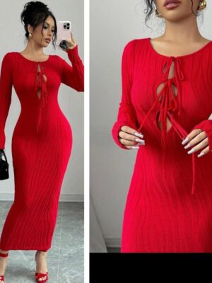 Shein long sleeve tie front sweater dress in red