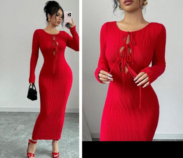 Shein long sleeve tie front sweater dress in red