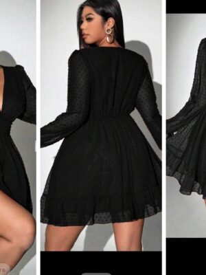 Shein v neck gathered mesh shift dress in black 16