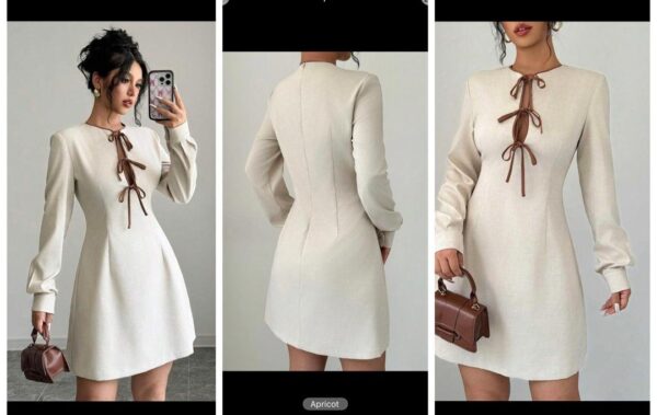 Shein open front bow tie drawstring in nude/brown casual Long sleeve dress 16
