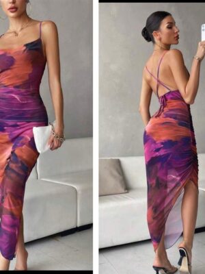 Shein criss cross mesh multi color side slit dress in purple 12/14