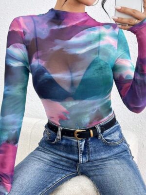 Shein mesh mock neck multi color top in lilac purple