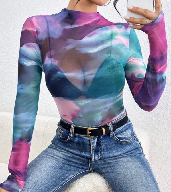 Shein mesh mock neck multi color top in lilac purple
