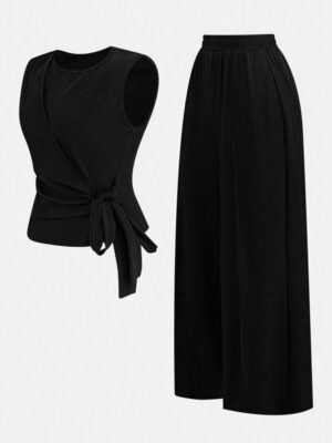 Shein tank two piece cross wrap ribbed set in black 18