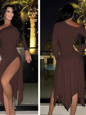 Shein cold shoulder Assymetric high slit pleated dress in brown 16