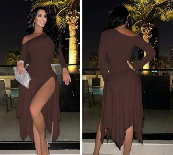 Shein cold shoulder Assymetric high slit pleated dress in brown 16