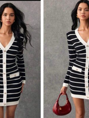 Shein stripewhite & black sweater mini two pocket dress 12/14