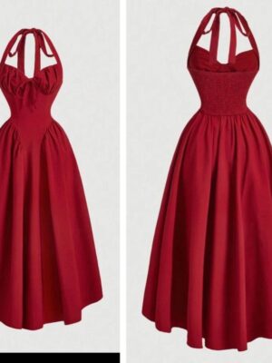 Shein halter ruched front tie bow two side midi swing dress in red burgundy 12/14