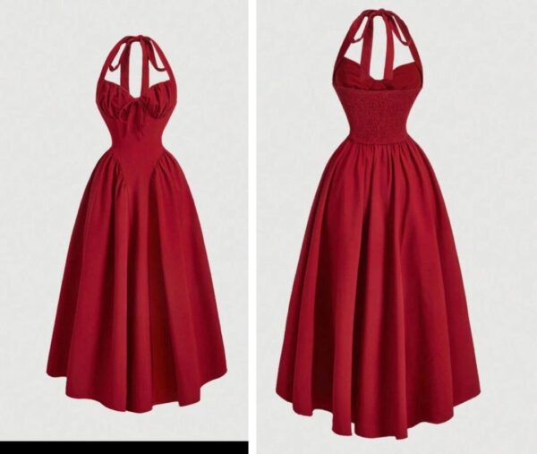 Shein halter ruched front tie bow two side midi swing dress in red burgundy 12/14