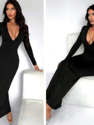 Shein deep plunge long sleeve bodycon dress in black