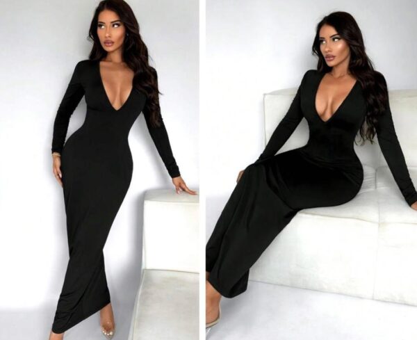Shein deep plunge long sleeve bodycon dress in black