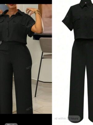Shein two piece button collar shirt & pant set in black 16