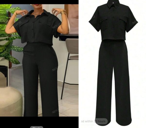 Shein two piece button collar shirt & pant set in black 16